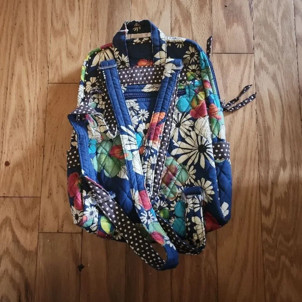 Quilted Backpack Womens Navy Blue Floral Polka‎ Dot Zipper Boho